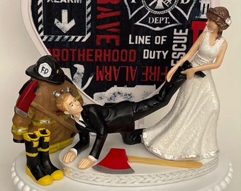 Wedding Cake Topper Firefighter Themed Fireman Firefighter Fire Boots Uniform Axe Job Humorous Bride Groom Funny Bridal Shower Gift Idea