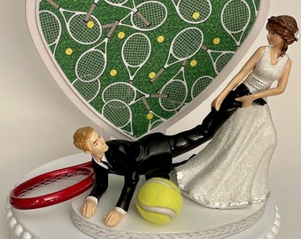 Wedding Cake Topper Tennis Sports Themed Running Humorous Bride and Groom Racket Ball Funny Tennis Player Hobby Fans Bridal Shower Gift Idea