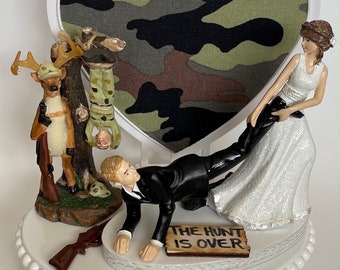Wedding Cake Topper Dangling Hunter Hunting Themed the Hunt is Over Deer Rifle Funny Bride and Groom Camo Heart Humorous Groom's Cake Top