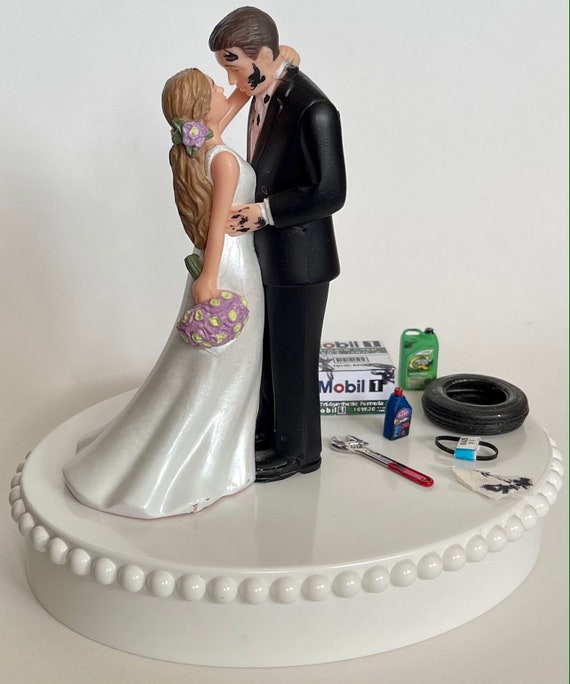 Cake Topper Wedding Day Bride Groom Funny Auto Mechanic Grease Monkey Themed 