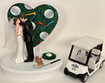 Wedding Cake Topper Golfing Themed Sports Fans Golf Clubs Cart Turf Cute Short-Haired Bride Groom One-of-a-Kind Bridal Shower Reception Gift