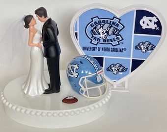 Wedding Cake Topper North Carolina Tar Heels Football Themed Pretty Short-Haired Bride Groom One-of-a-Kind Sports Fan Cake Top Shower Gift