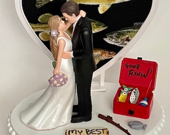 Wedding Cake Topper My Best Catch Fishing Themed Fisherman Fish Beautiful Long-Haired Bride Groom Bridal Shower Gift Unique Groom's Cake Top