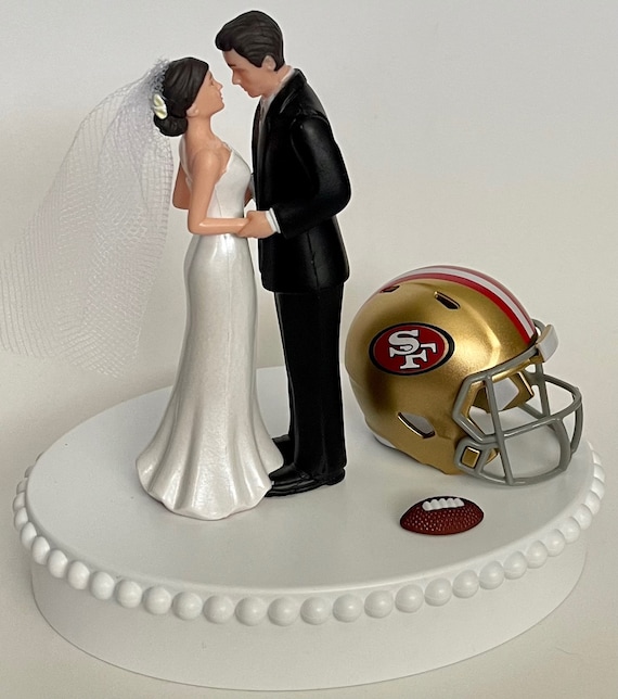 Wedding Cake Topper San Francisco 49ers Football Themed Pretty Short-haired  Bride Groom Sports Fans Unique Reception Bridal Shower Gift Idea 