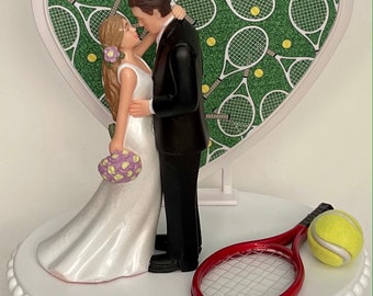 Wedding Cake Topper Tennis Racket Ball Themed Beautiful Long-Haired Bride Groom OOAK Bridal Shower Reception Gift Unique Groom's Cake Top