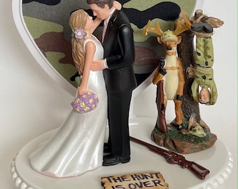 Wedding Cake Topper the Hunt is Over Dangling Deer Hunter Themed Camo Heart Background Hunting Pretty Long-Haired Bride and Groom OOAK Gift