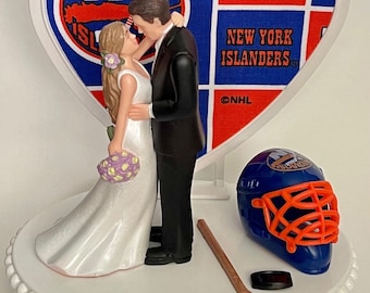 Wedding Cake Topper New York Islanders Hockey Themed NY Gorgeous Long-Haired Bride and Groom Fun Groom's Cake Top Reception Shower Gift Idea