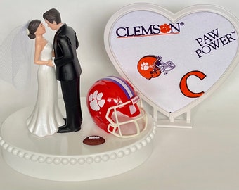 Wedding Cake Topper Clemson Tigers Football Themed Beautiful Short-Haired Bride and Groom One-of-a-Kind Sports Fan Cake Top Shower Gift