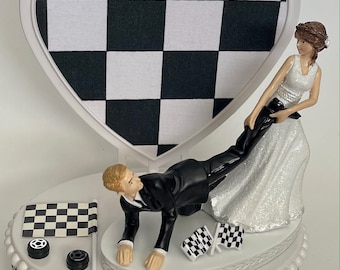 Wedding Cake Topper Checkered Flag Racing Running Humorous Bride Groom Funny Auto Car Motorcycle Race Fans Sports Bridal Shower Gift Idea