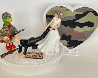 Wedding Cake Topper Duck Hunter Hunting Themed the Hunt is Over Rifle Funny Bride and Groom Camo Heart Humorous Groom's Cake Top Gift Idea