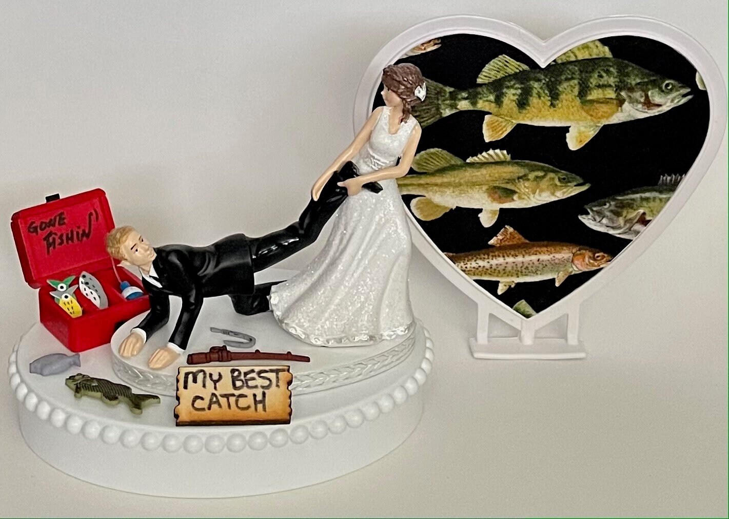 Cake Topper Wedding Bridal Bride Groom Going Gone Fishing Tackle Box Theme 