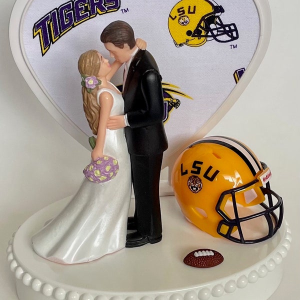 Wedding Cake Topper LSU Tigers Football Themed Louisiana St Gorgeous Long-Haired Bride Groom Unique Groom's Cake Top Reception Bridal Shower