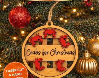 Crabs for Christmas Wooden Ornament | Maryland Crab Holiday Tree Decoration | Multilayer Laser Cut Ornament