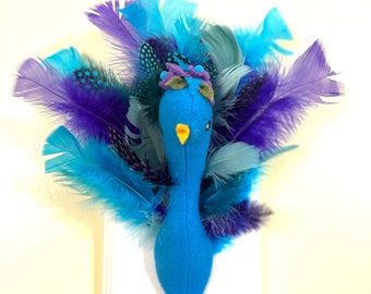 Stuffed Mini Peacock Wall Mount / Stuffed Faux Animal Heads / Peacock Lovers Gifts / Nursery Room Decor / Baby Shower Gifts / Peacock Art