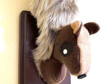 Mini Stuffed Squirrel Head Wall Mount: Faux Fur Tail, Nursery Decor