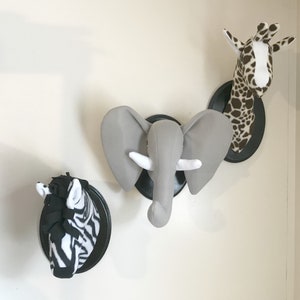 Safari Stuffed Animal Heads / Faux Elephant Head / Fake Giraffe Head / Stuffed Zebra head / Safari Nursery Art / Jungle Room / Zoo Animals