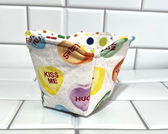 Conversation Heart Pint Cozy: Reversible Cotton ice cream / single serving soup / Mac and cheese / Cereal / Snack Cozy