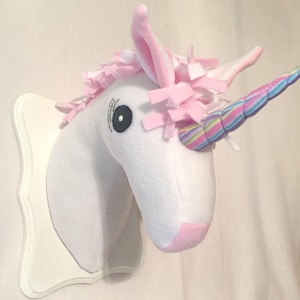 Stuffed Unicorn Head / Stuffed Unicorn / Pink and White Unicorn / Stuffed Animal Head / Faux Animal head / Best Baby Shower Gifts