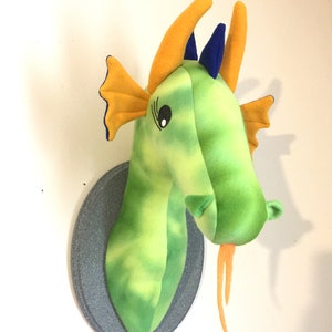 Green Stuffed Dragon Head Wall Mount / Tie Dye Dragon / Stuffed Dragon Animal Head / Faux Animal Head / Fantasy Nursery Decor / Dragon Lover