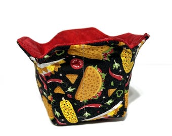 Taco Print Pint Cozy: Reversible Cotton ice cream / single serving soup / Mac and cheese / Cereal / Snack Cozy