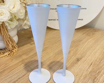 Matte White Champagne Flutes (silver) Set of 2