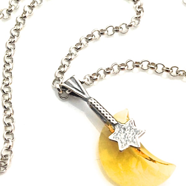 Moon Necklace, Crescent Moon, Falling Star, Half Moon Pendant, Moon and Star Necklace, Crystal Moon, Yellow Crystal Jewelry, Romantic, Z0014