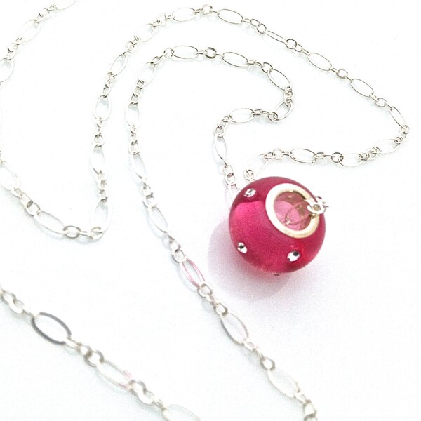 Pink Crystal Necklace, Neon Pink, Hot Pink, Pink and Silver, Minimalist , Sterling Silver, Grommet Jewelry, 46