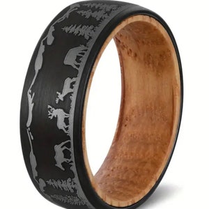 Olive Wood Forest Scene Tungsten ring