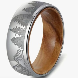 Silver woodlands scene tungsten and wood inlay band