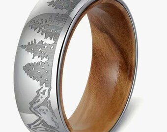 Silver woodlands scene tungsten and wood inlay band