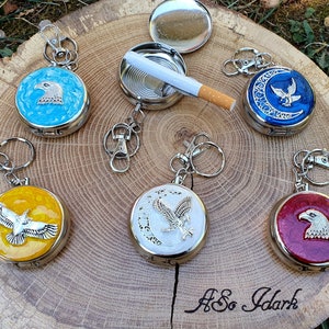 Elegant Stainless Steel Pocket Ashtray with Key Ring and Cigarette Holder Decorated and Hand Painted Unique Model for Smokers Stop Cigarette Butt Pollution