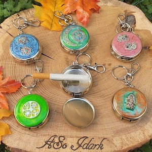 Elegant Stainless Steel Pocket Ashtray with Key Ring and Cigarette Holder Decorated and Hand Painted Unique Model - Stop Butt Pollution