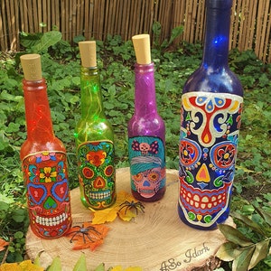 Recycled glass bottle in Mexican crane led lamp - Calavera - Dia de los muerto