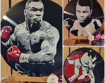 Disque vinyles recyclés adaptables en horloges portraits pop art Mohamed Ali, Mike Tyson et Judo peint a la main déco unique boxe combat