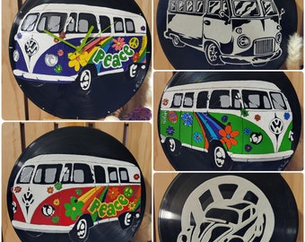Vinyle recyclé (adaptable en horloge) façon pop art peint a la main déco unique Van Combi Road Trip Liberté!