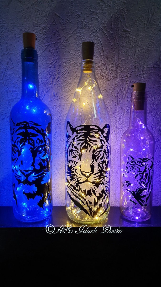 Bouteille Recyclé Lumineuse à Led - Lumiere d'ambiance Déco Veilleuse Peint La Main Modele Unique Ti