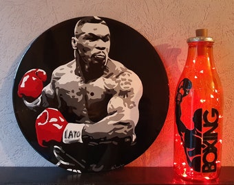 Lampe Vinyle recyclé adaptable en horloge et bouteille lumineuse a guirlande LED - Mike Tyson et Muhammed Ali