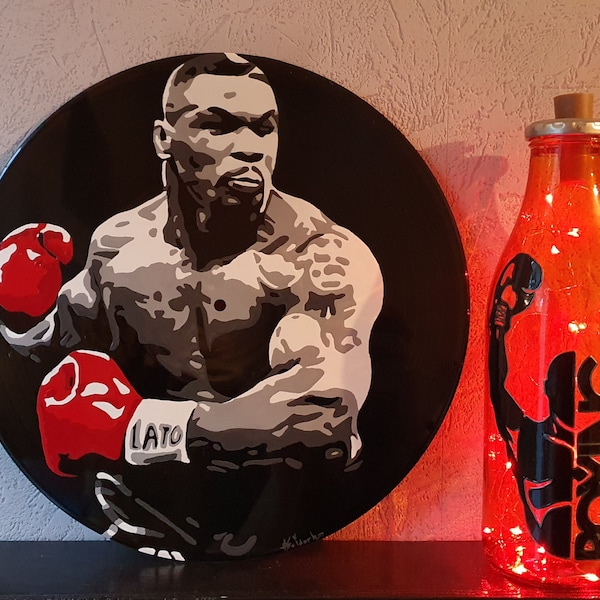 Lampe Vinyle recyclé adaptable en horloge et bouteille lumineuse a guirlande LED - Mike Tyson et Muhammed Ali