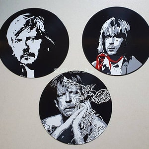 Recycled vinyl adaptable into a wall clock pop art portrait Renaud hand painted unique black and white fan decor