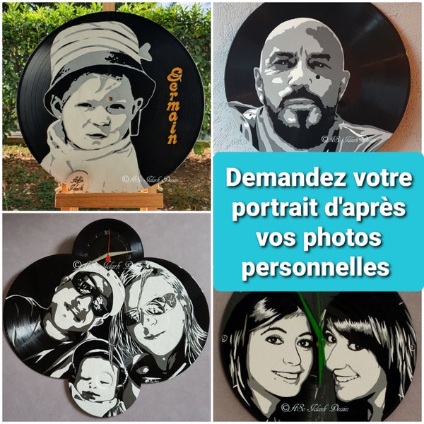 Disque Vinyle 33 tours recyclé adaptable en horloge, Commande personnalisé portrait pop art d'après vos photos personnelles