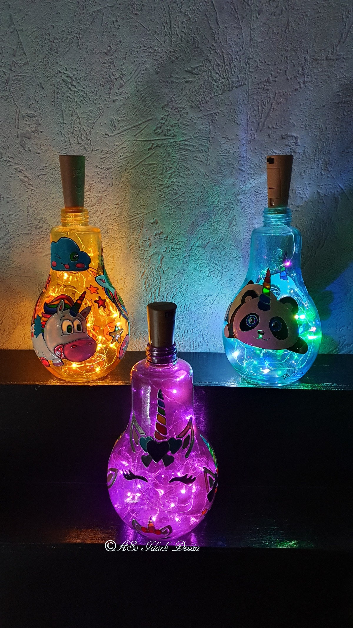 Lampe Veilleuse ou Lumière d'ambiance en Forme d'ampoule Licornes, Pandacorne et Corne avec Guiralnd