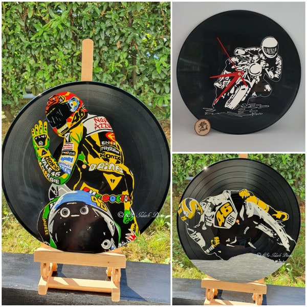 Vinyle recyclé adaptable en horloge mural façon pop art Fan de moto peint a la main déco unique Valentino Rossi