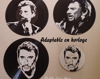 Disque Vinyle 33 tours recyclé adaptable en horloge mural portrait pop art Johnny Hallyday peint a la main déco unique fan noir et blanc