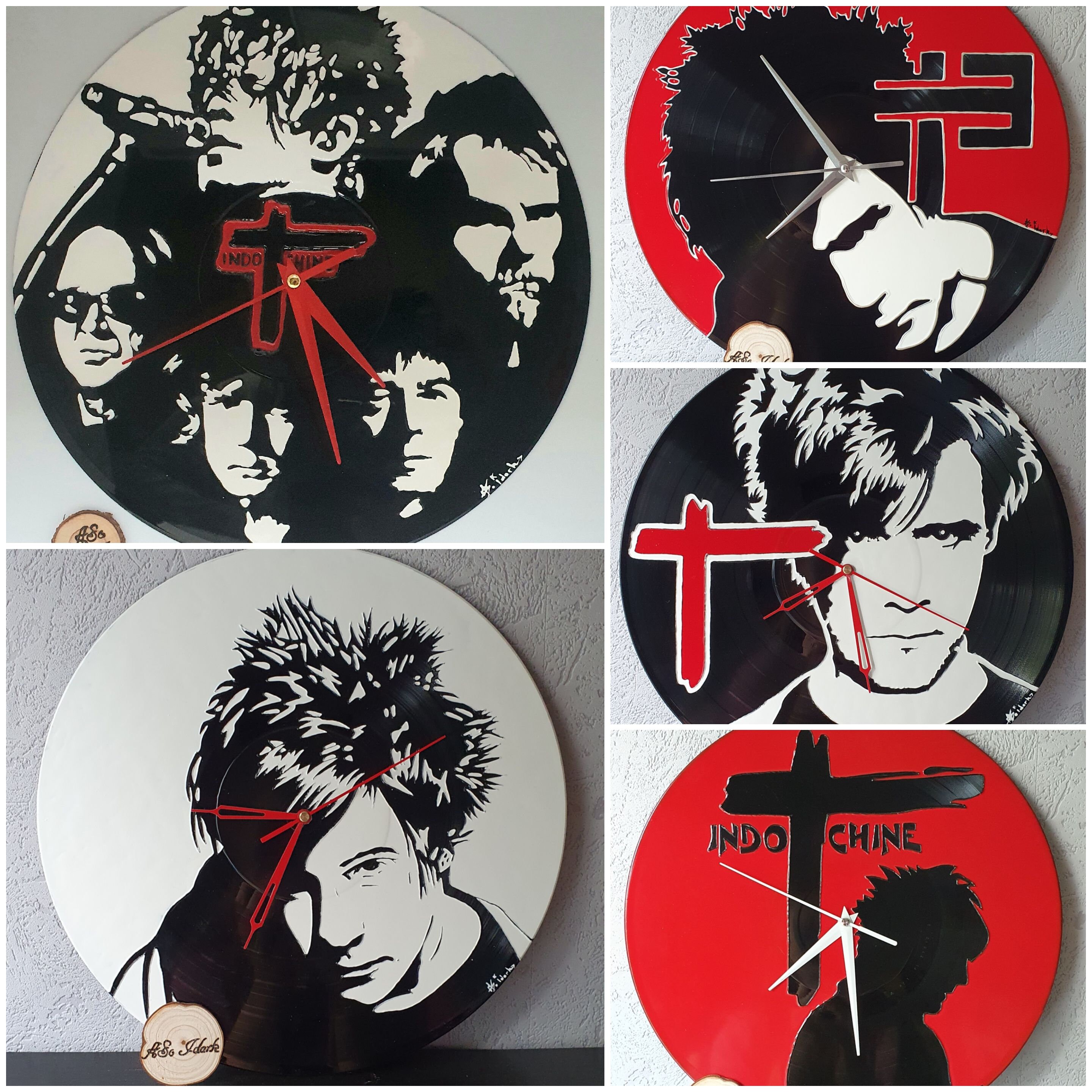 Disque Vinyle Recyclé Adaptable en Horloge Différents Portraits Pop Art Du Groupe Indochine Nicola S