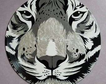 Recycled vinyl adaptable in clock collection Animal, tiger head pop art black and white, feline, deer deer wild boar
