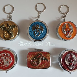Petite boite en métal argenté - Pilulier de poche à compartiments - petite boite porte clés - Collection Dragon et Phoenix
