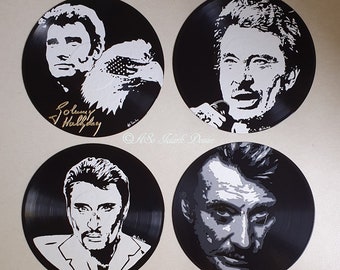 Recycled 33 rpm vinyl record adaptable into a clock different pop art portraits of Johnny Hallyday hand painted unique decoration black and white fan