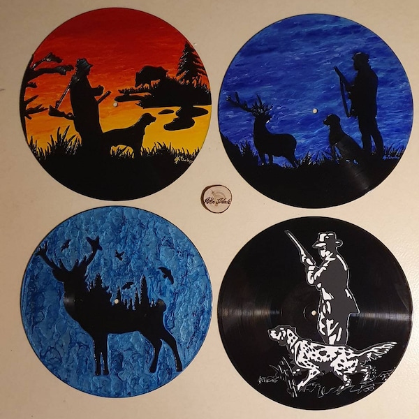 Disque Vinyle 33 tours recyclé adaptable en horloge peint a la main déco Nature et Chasse