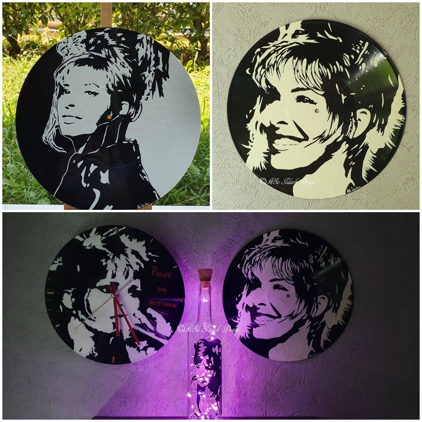 Vinyle Recyclé Adaptable en Horloge et Bouteille Lumineuse A Guirlande Led Facon Portrait Pop Art No