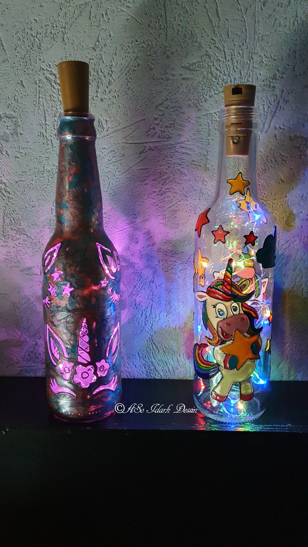 Lampe Bouteille Recyclé Décoré Licorne et Corne de Licorne Veilleuse Lumière d'ambiance en Petite Bo